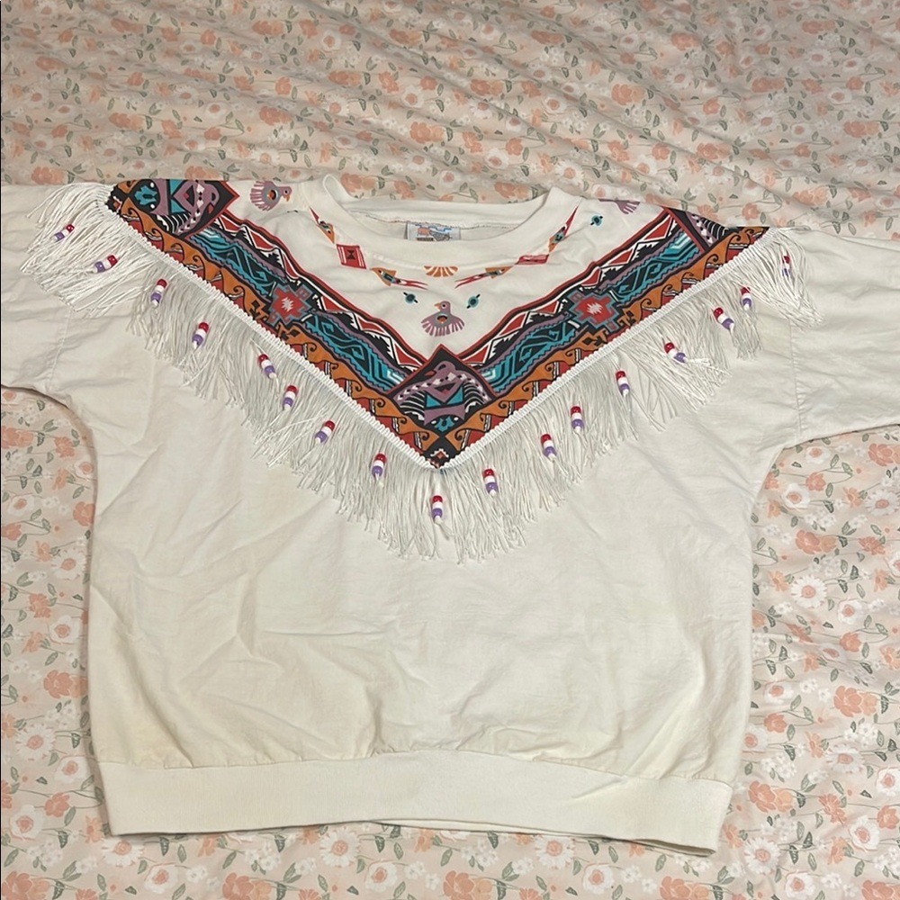 VTG 80s Hazelwood Southwest Boho Fringe Beaded Shirt Women's L Aztec Western‎